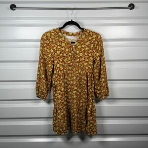 Zara Kids Girls Mustard Yellow Floral Tiered Viscose Dress Size 13-14 164cm